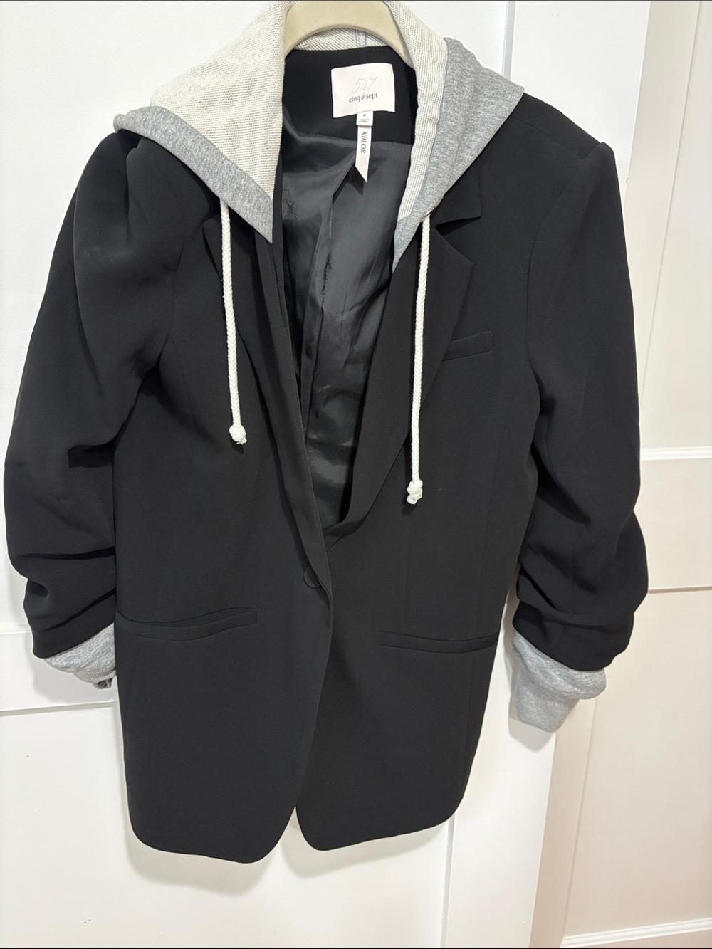 cinq a sept Black Blazer with Gray Hooded Layered Detail